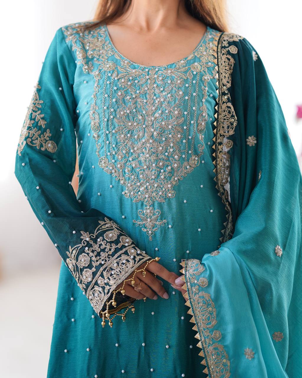 Elegant Chinon Silk Cording Sequins Pearl Worked Top Palazzo Set