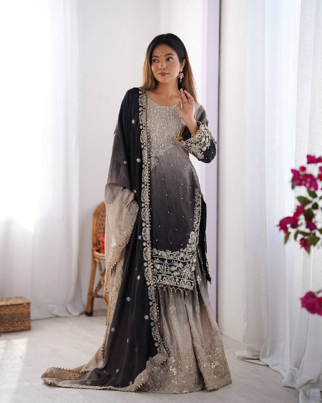 Elegant Chinon Silk Cording Sequins Pearl Worked Top Palazzo Set