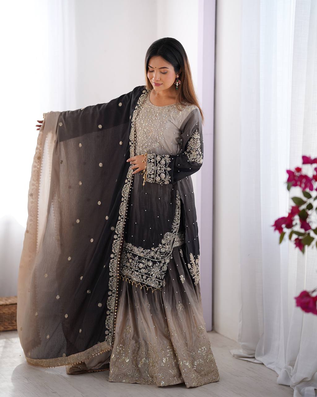 Elegant Chinon Silk Cording Sequins Pearl Worked Top Palazzo Set