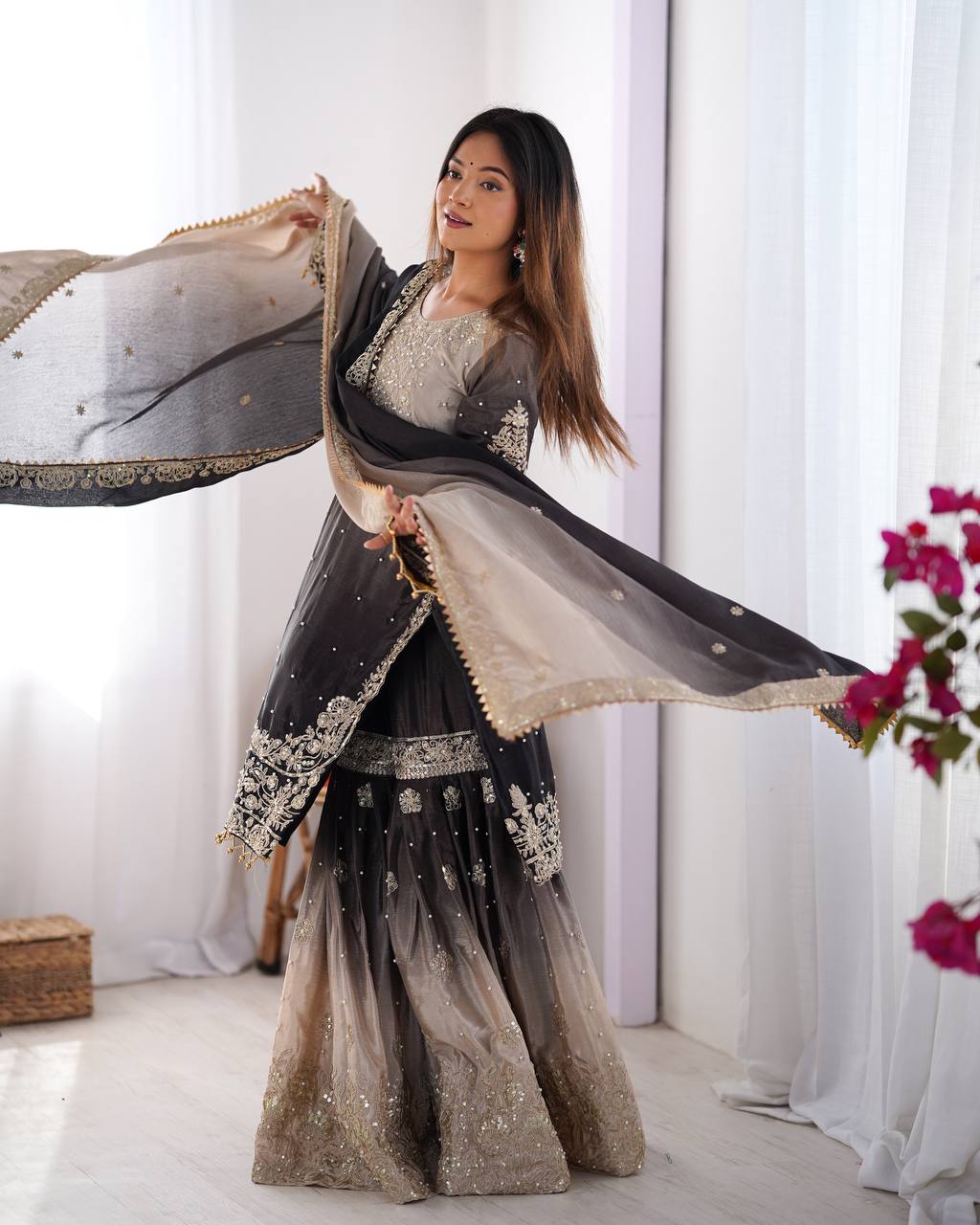 Elegant Chinon Silk Cording Sequins Pearl Worked Top Palazzo Set