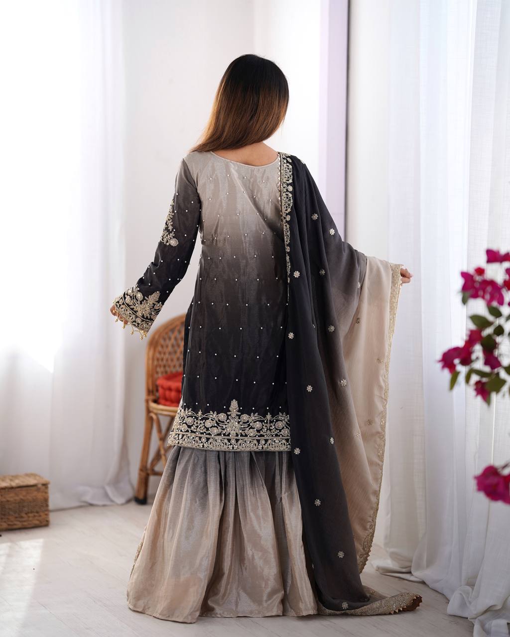 Elegant Chinon Silk Cording Sequins Pearl Worked Top Palazzo Set