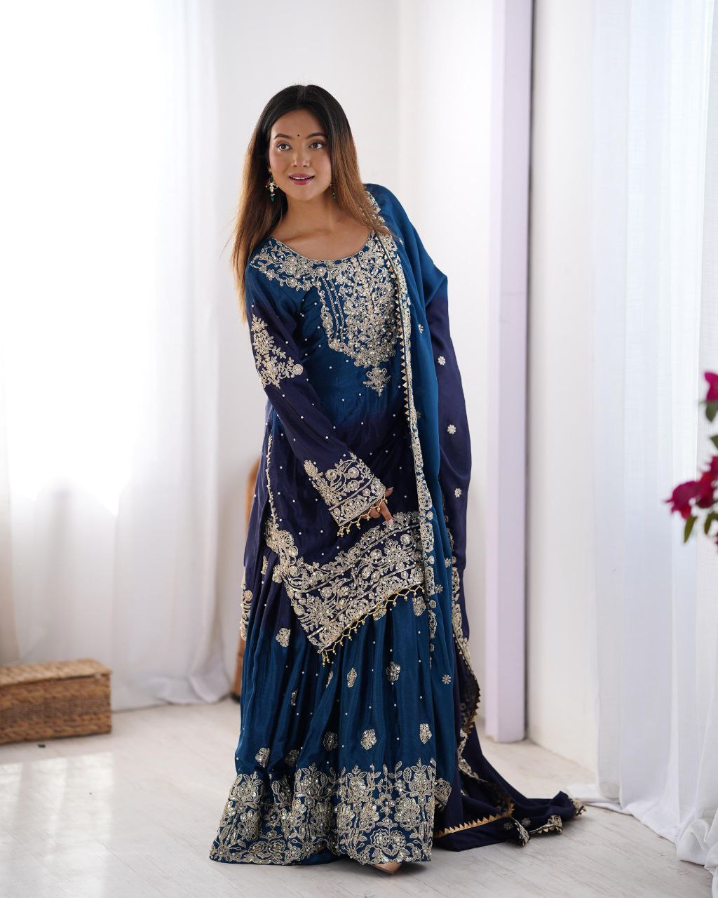 Elegant Chinon Silk Cording Sequins Pearl Worked Top Palazzo Set