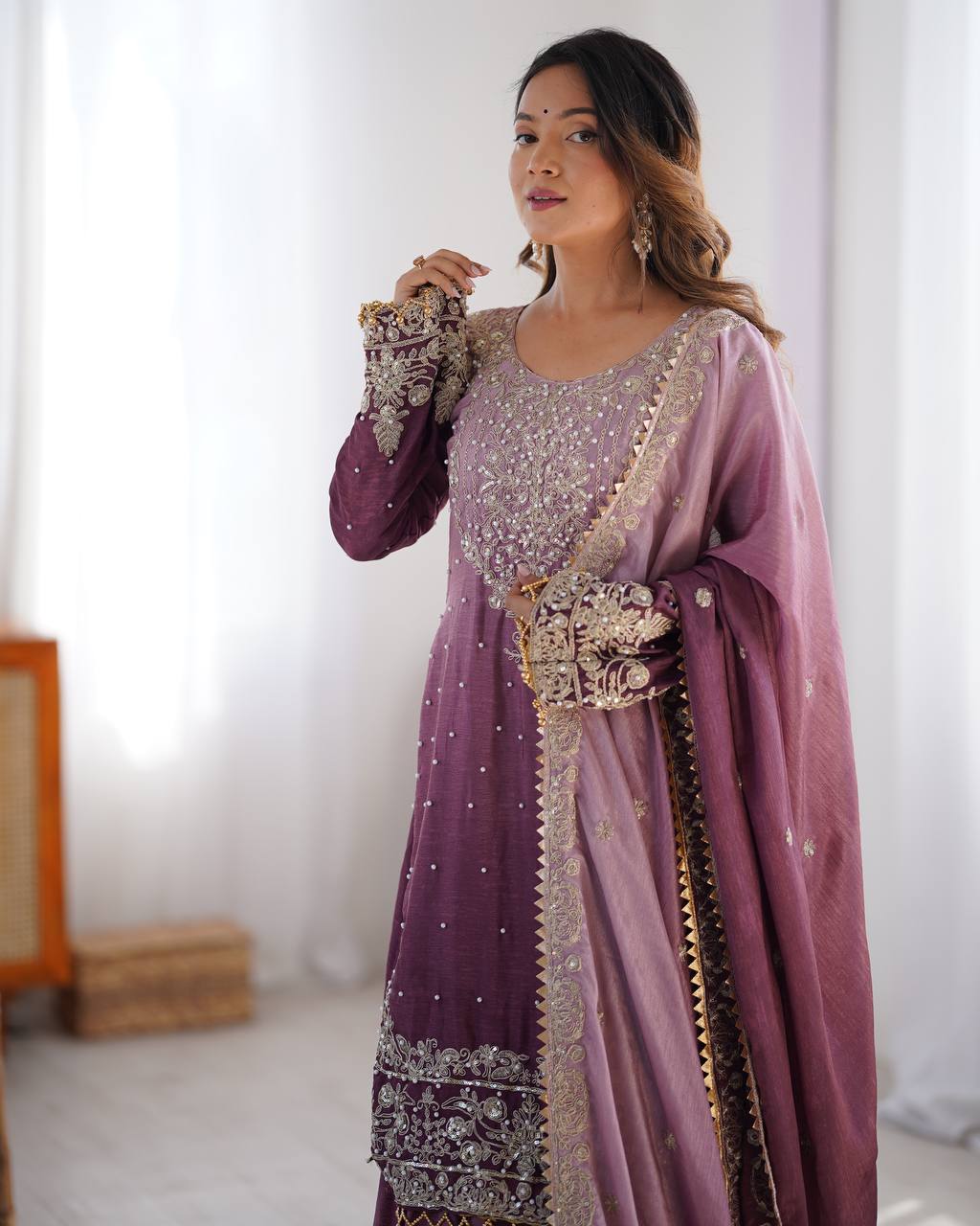 Elegant Chinon Silk Cording Sequins Pearl Worked Top Palazzo Set