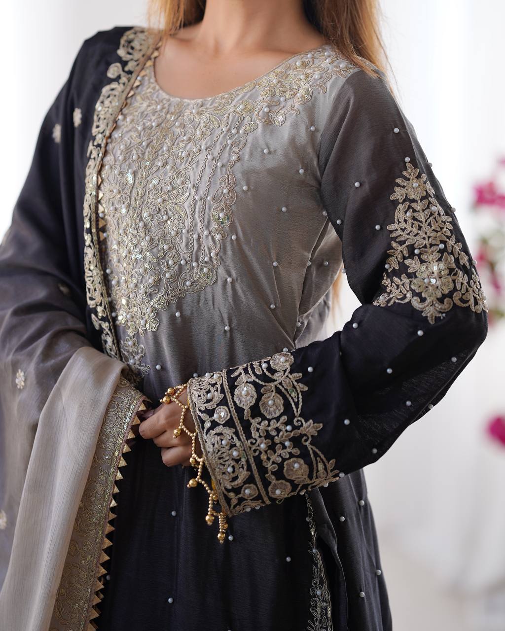 Elegant Chinon Silk Cording Sequins Pearl Worked Top Palazzo Set
