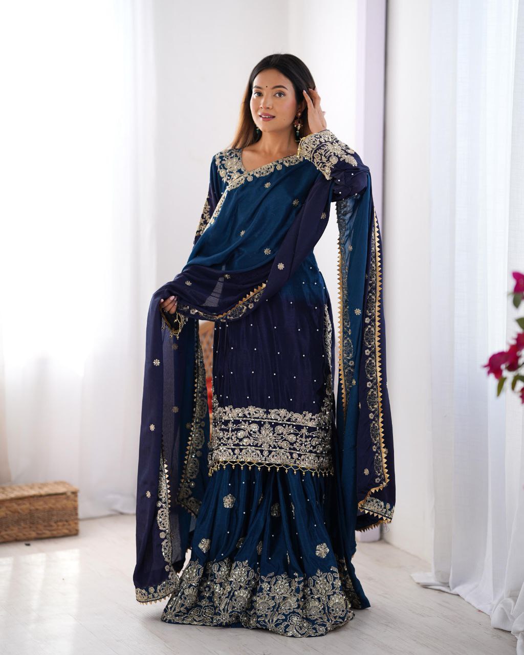 Elegant Chinon Silk Cording Sequins Pearl Worked Top Palazzo Set
