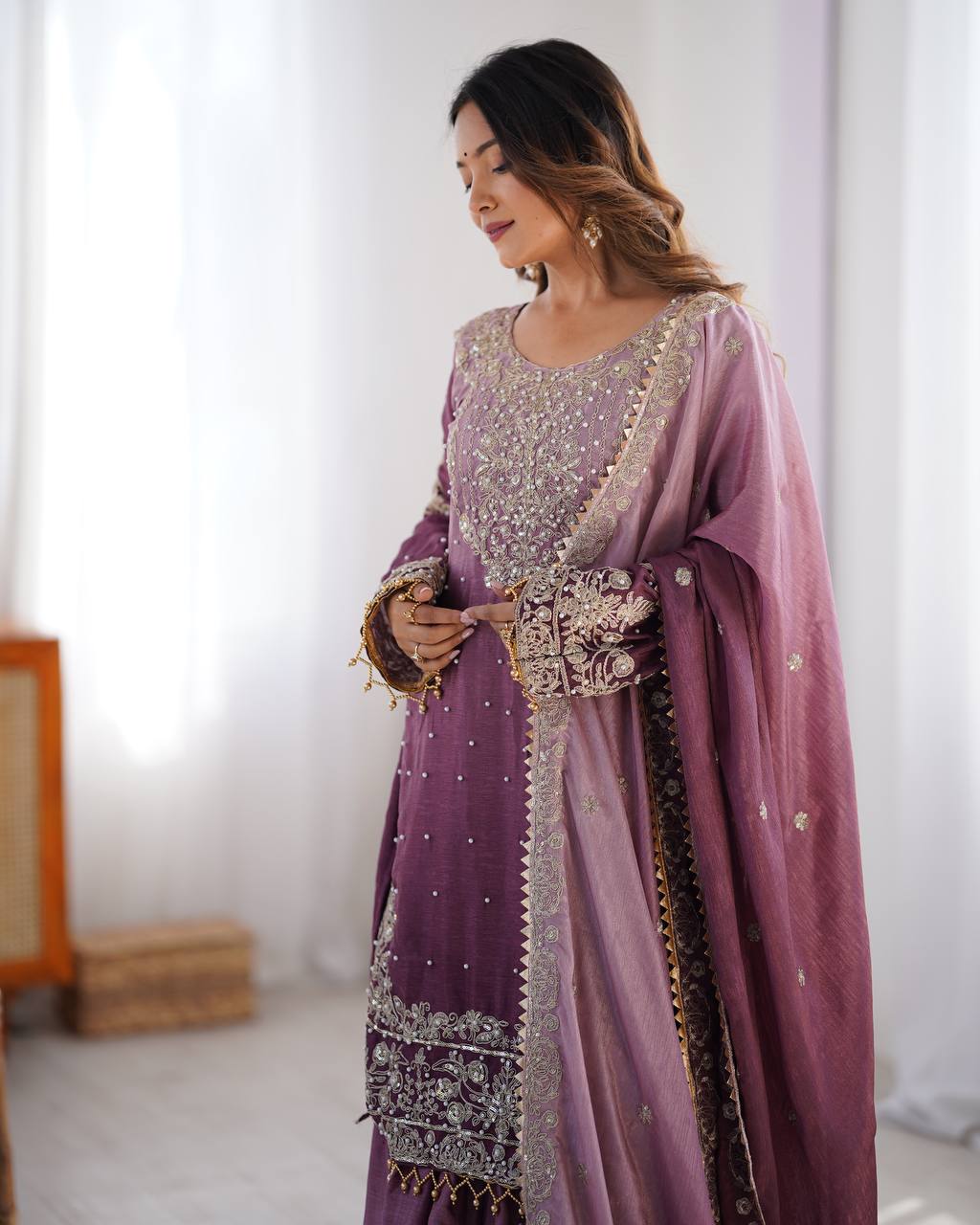 Elegant Chinon Silk Cording Sequins Pearl Worked Top Palazzo Set