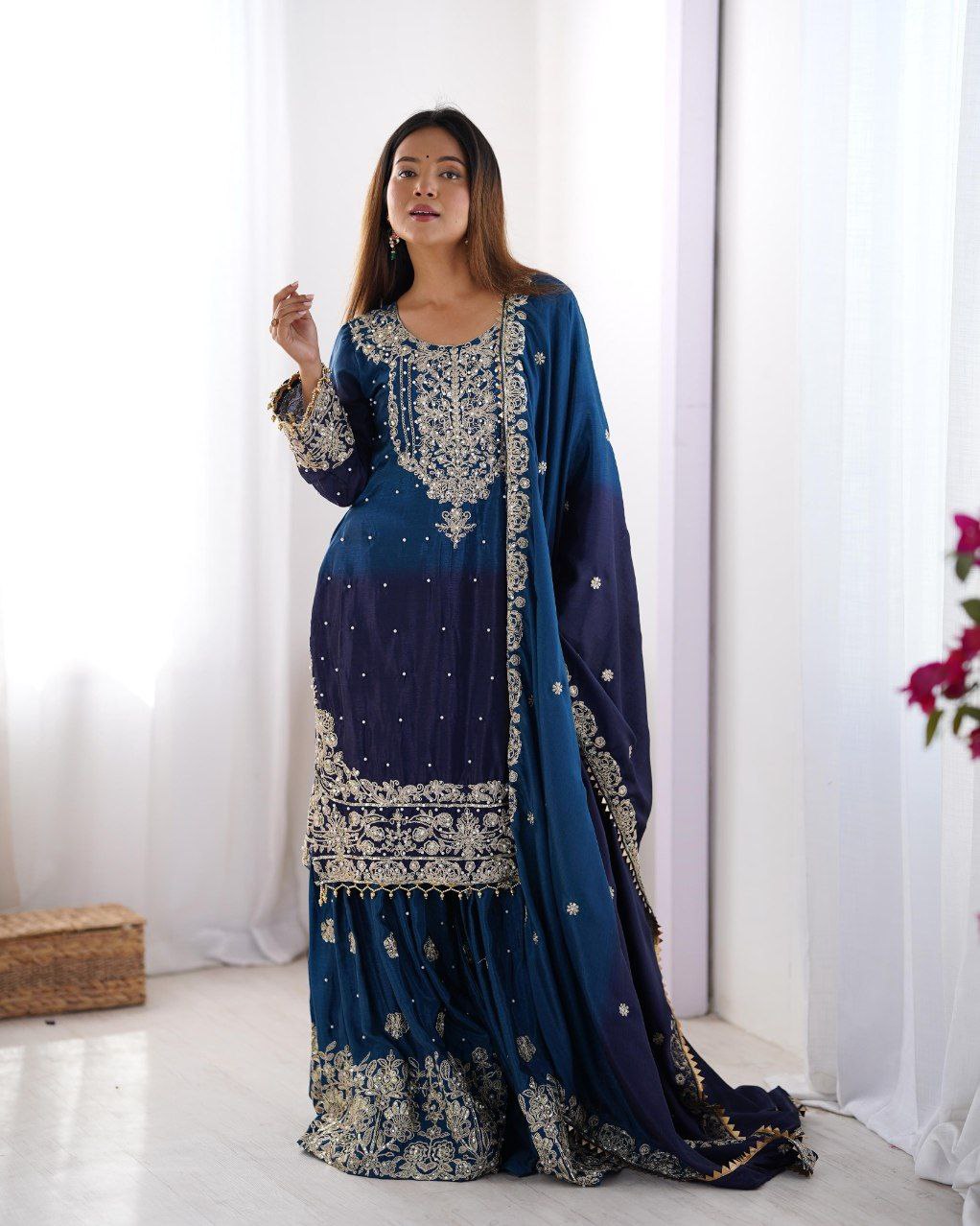 Elegant Chinon Silk Cording Sequins Pearl Worked Top Palazzo Set