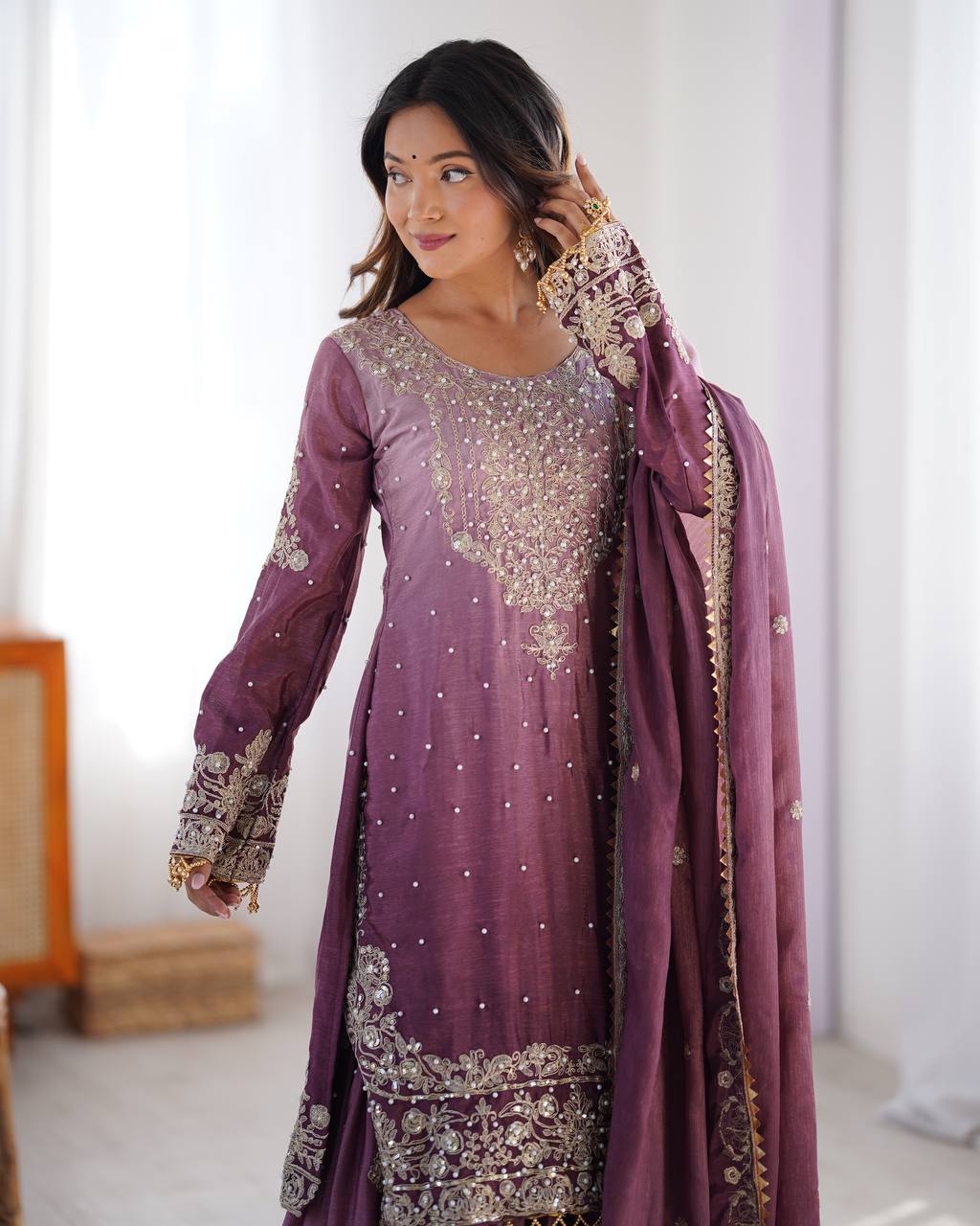 Elegant Chinon Silk Cording Sequins Pearl Worked Top Palazzo Set