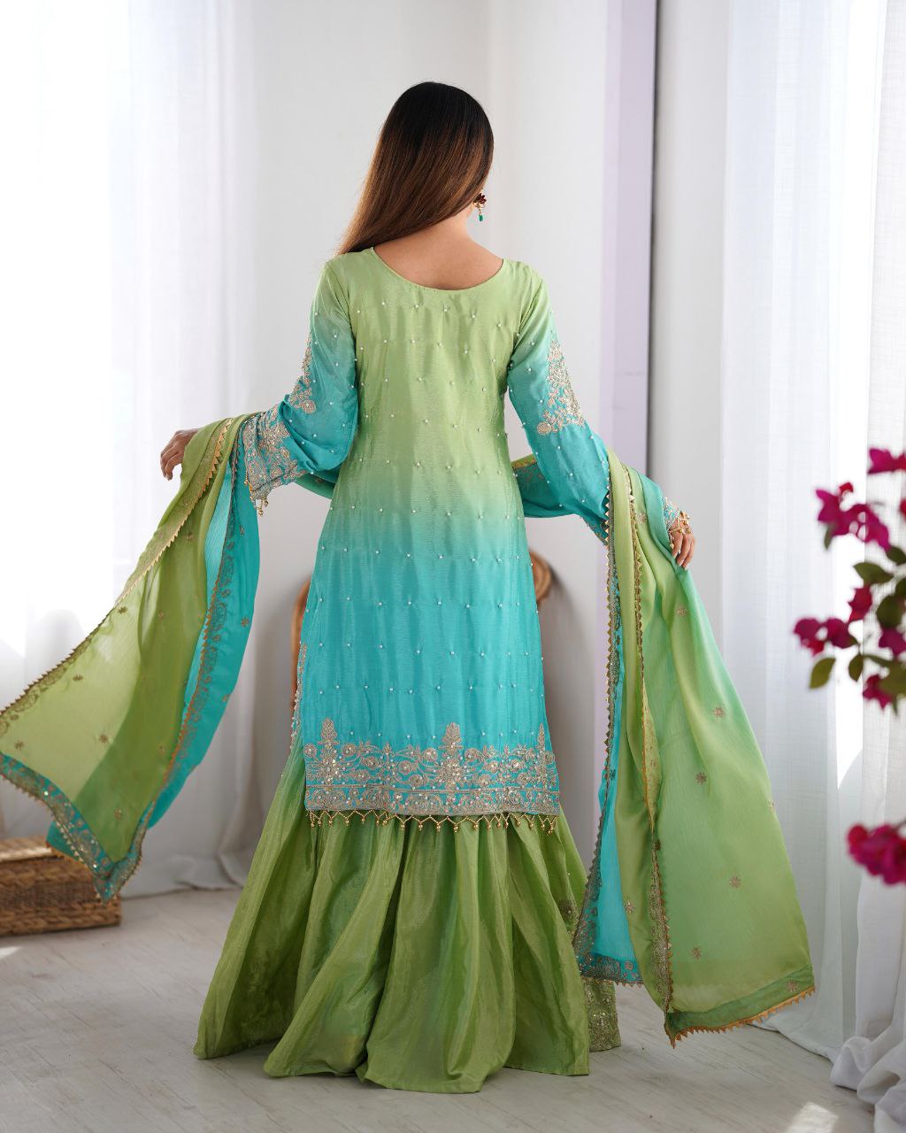 Elegant Chinon Silk Cording Sequins Pearl Worked Top Palazzo Set