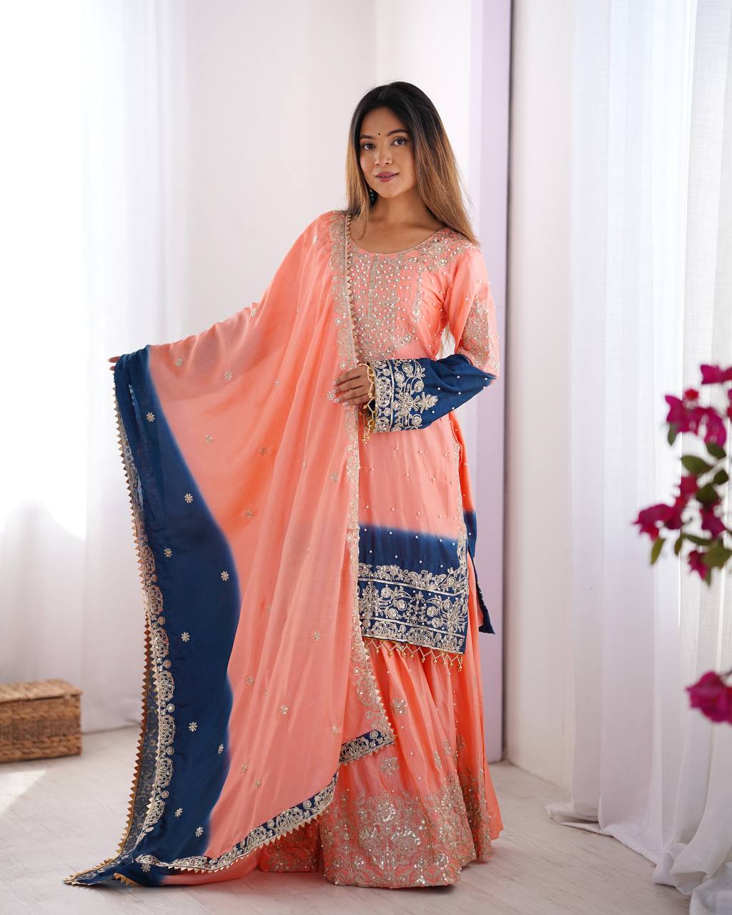 Elegant Chinon Silk Cording Sequins Pearl Worked Top Palazzo Set