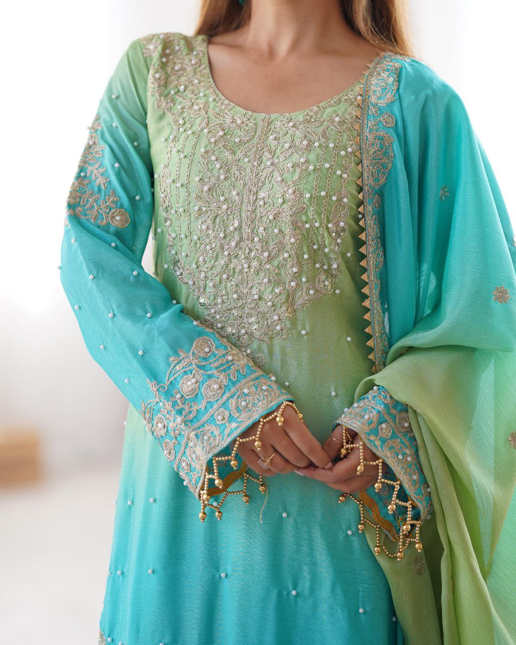 Elegant Chinon Silk Cording Sequins Pearl Worked Top Palazzo Set