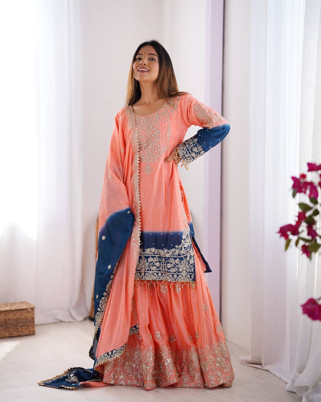 Elegant Chinon Silk Cording Sequins Pearl Worked Top Palazzo Set
