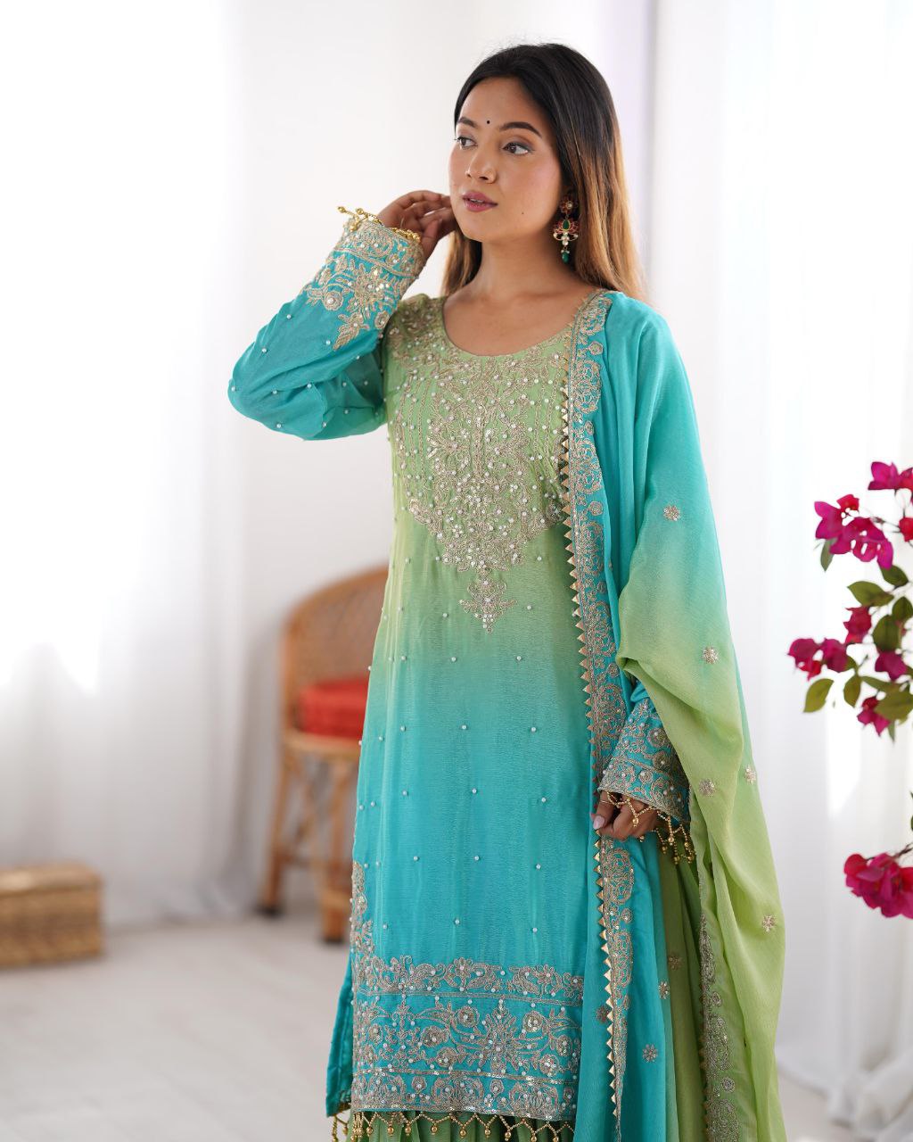 Elegant Chinon Silk Cording Sequins Pearl Worked Top Palazzo Set