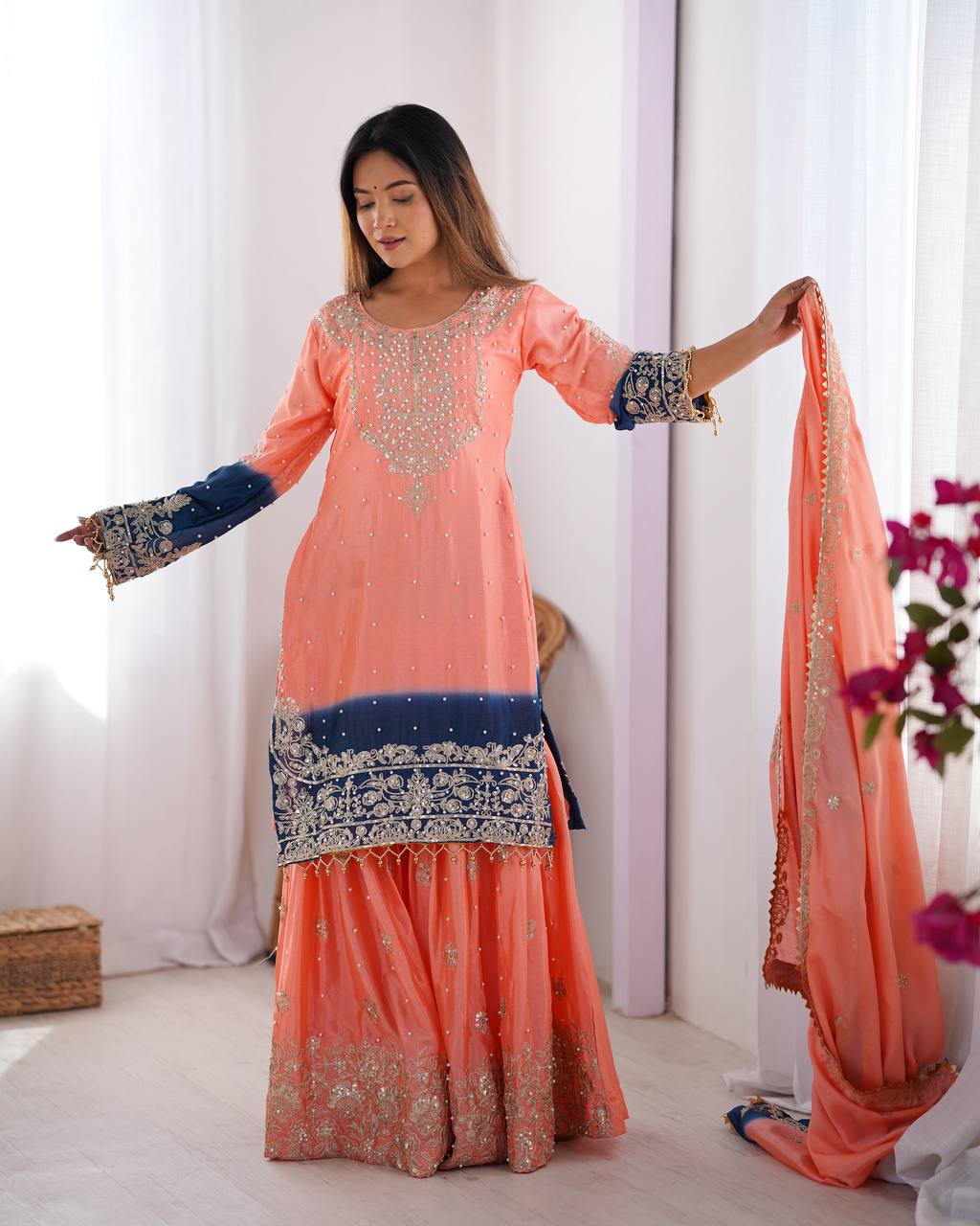 Elegant Chinon Silk Cording Sequins Pearl Worked Top Palazzo Set
