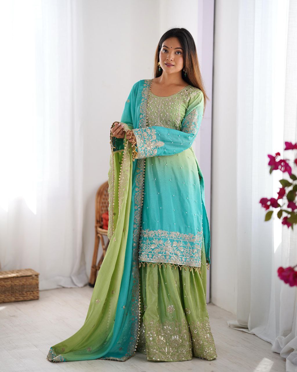 Elegant Chinon Silk Cording Sequins Pearl Worked Top Palazzo Set
