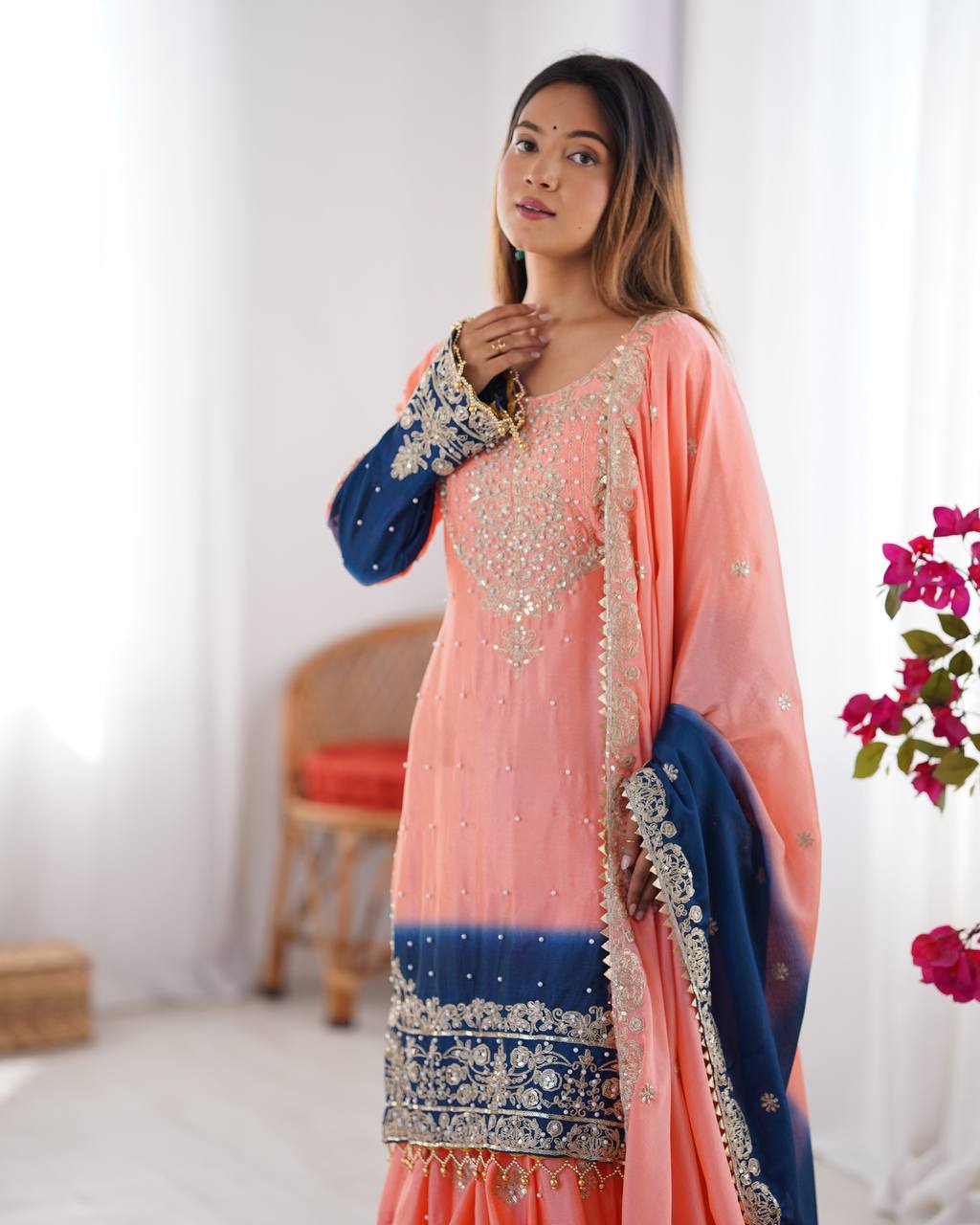 Elegant Chinon Silk Cording Sequins Pearl Worked Top Palazzo Set