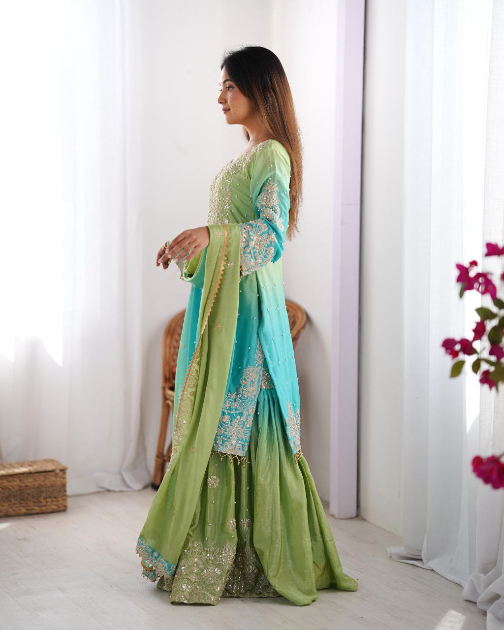Elegant Chinon Silk Cording Sequins Pearl Worked Top Palazzo Set