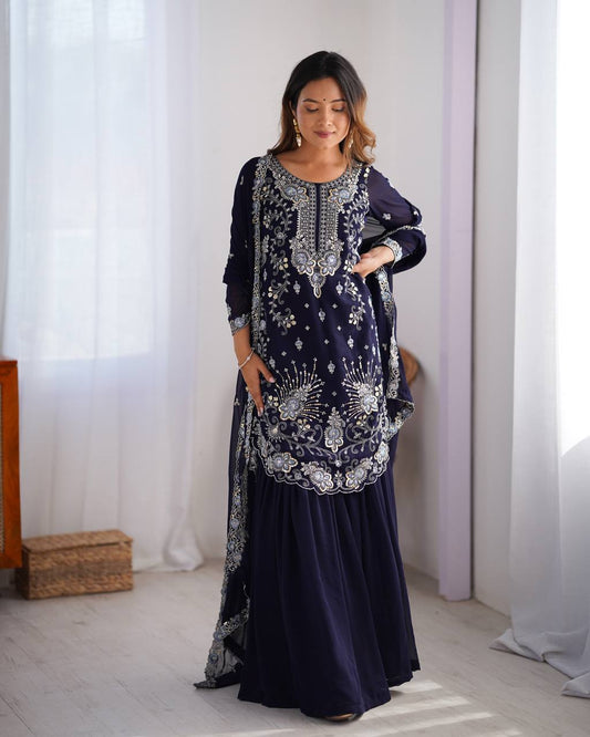 Gorgeous Faux Georgette Thread Sequins Worked Sharara Set