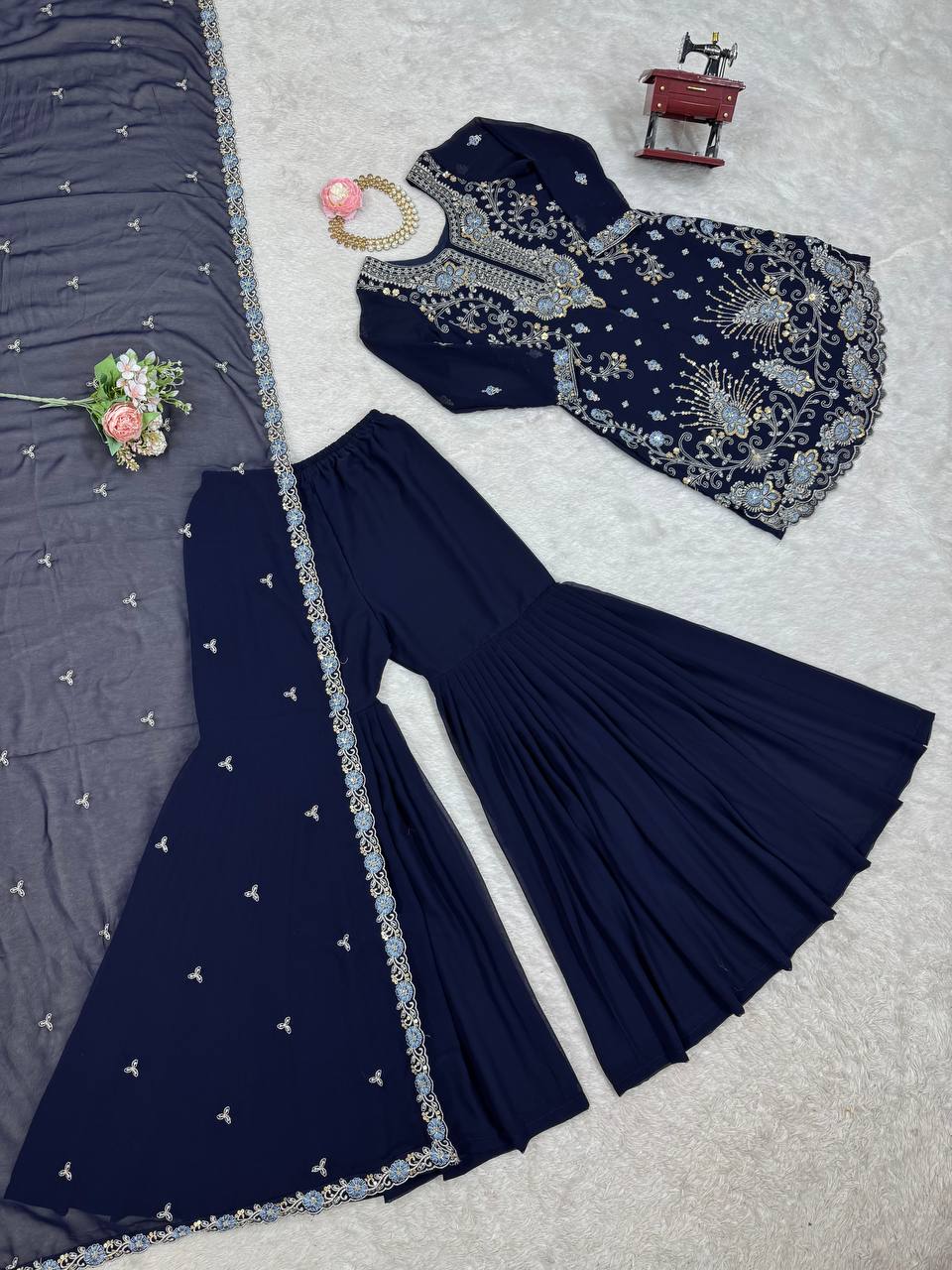 Gorgeous Faux Georgette Thread Sequins Worked Sharara Set
