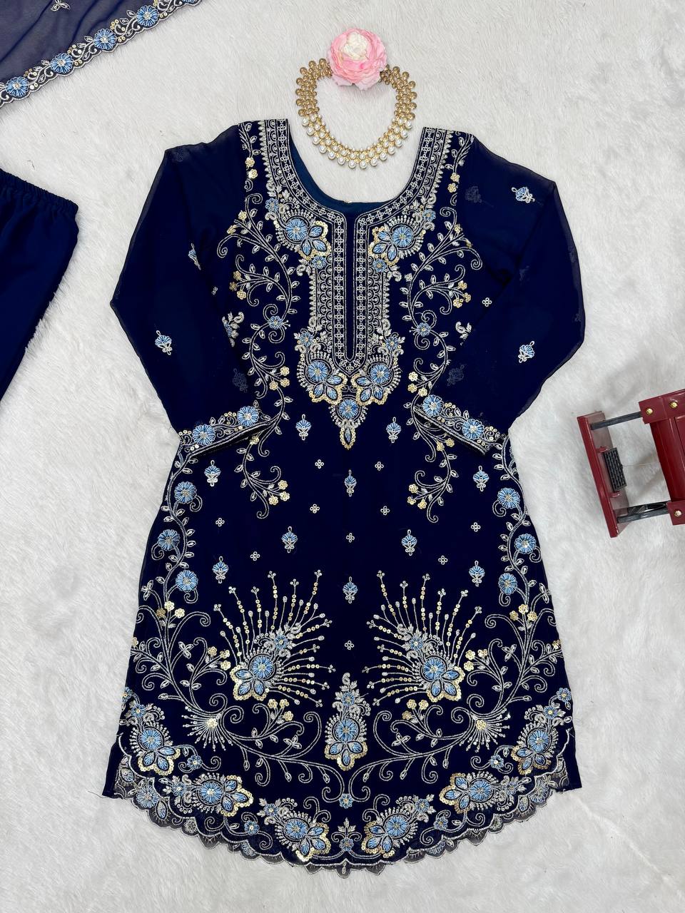 Gorgeous Faux Georgette Thread Sequins Worked Sharara Set