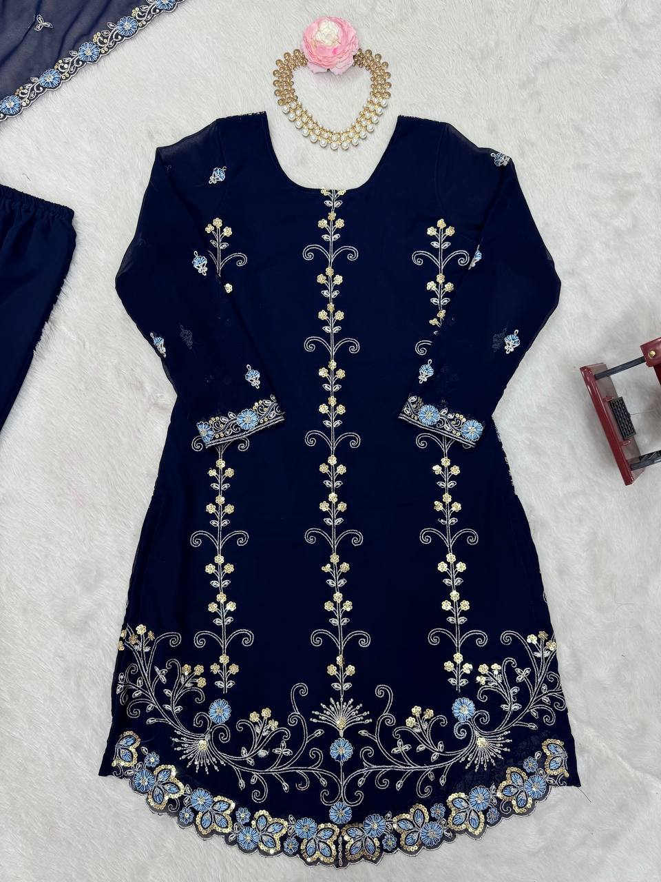 Gorgeous Faux Georgette Thread Sequins Worked Sharara Set