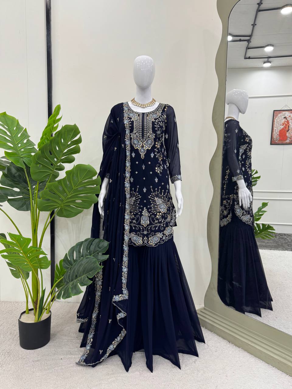 Gorgeous Faux Georgette Thread Sequins Worked Sharara Set