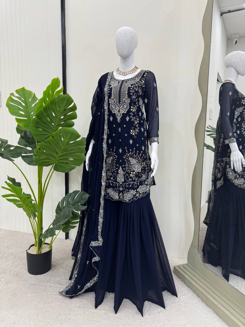 Gorgeous Faux Georgette Thread Sequins Worked Sharara Set