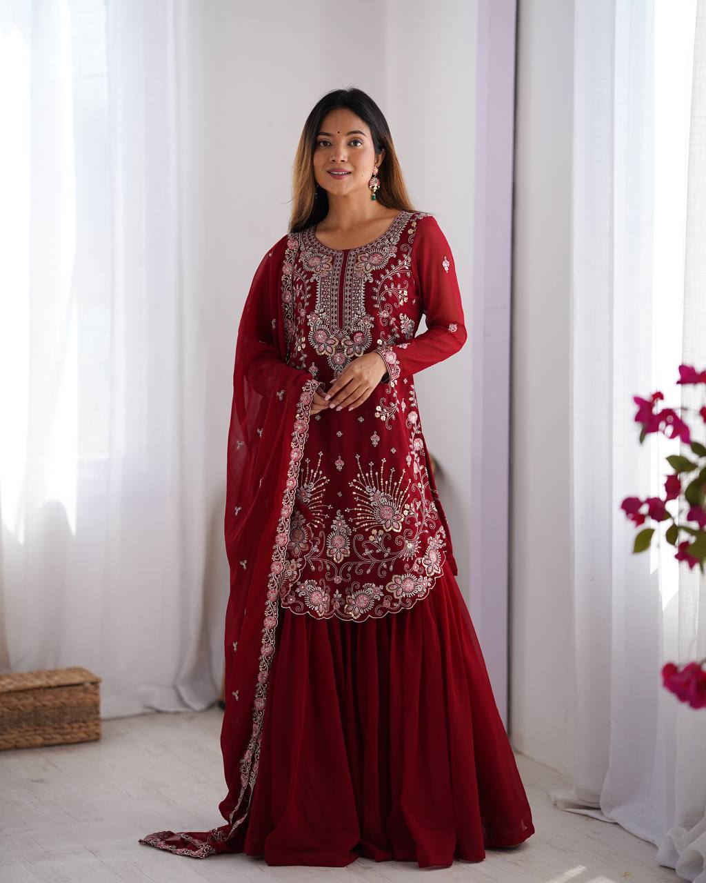 Gorgeous Faux Georgette Thread Sequins Worked Sharara Set