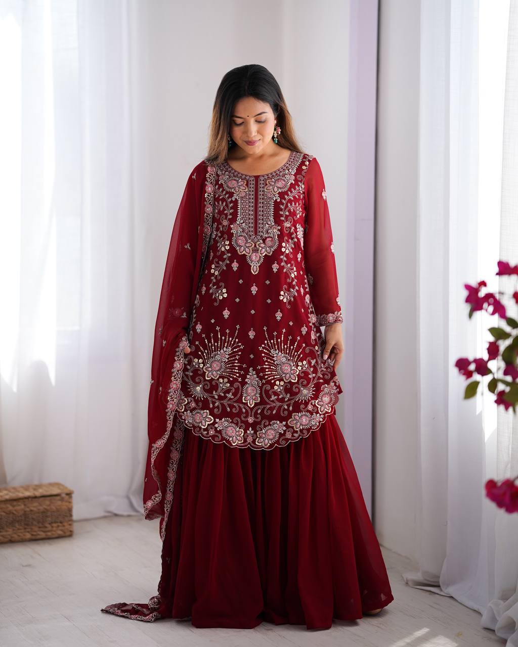Gorgeous Faux Georgette Thread Sequins Worked Sharara Set