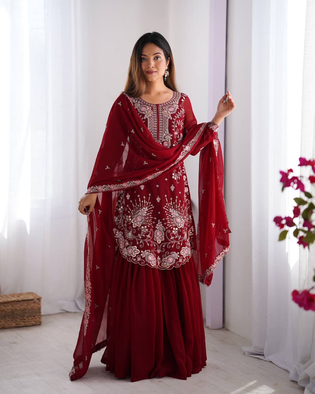 Gorgeous Faux Georgette Thread Sequins Worked Sharara Set