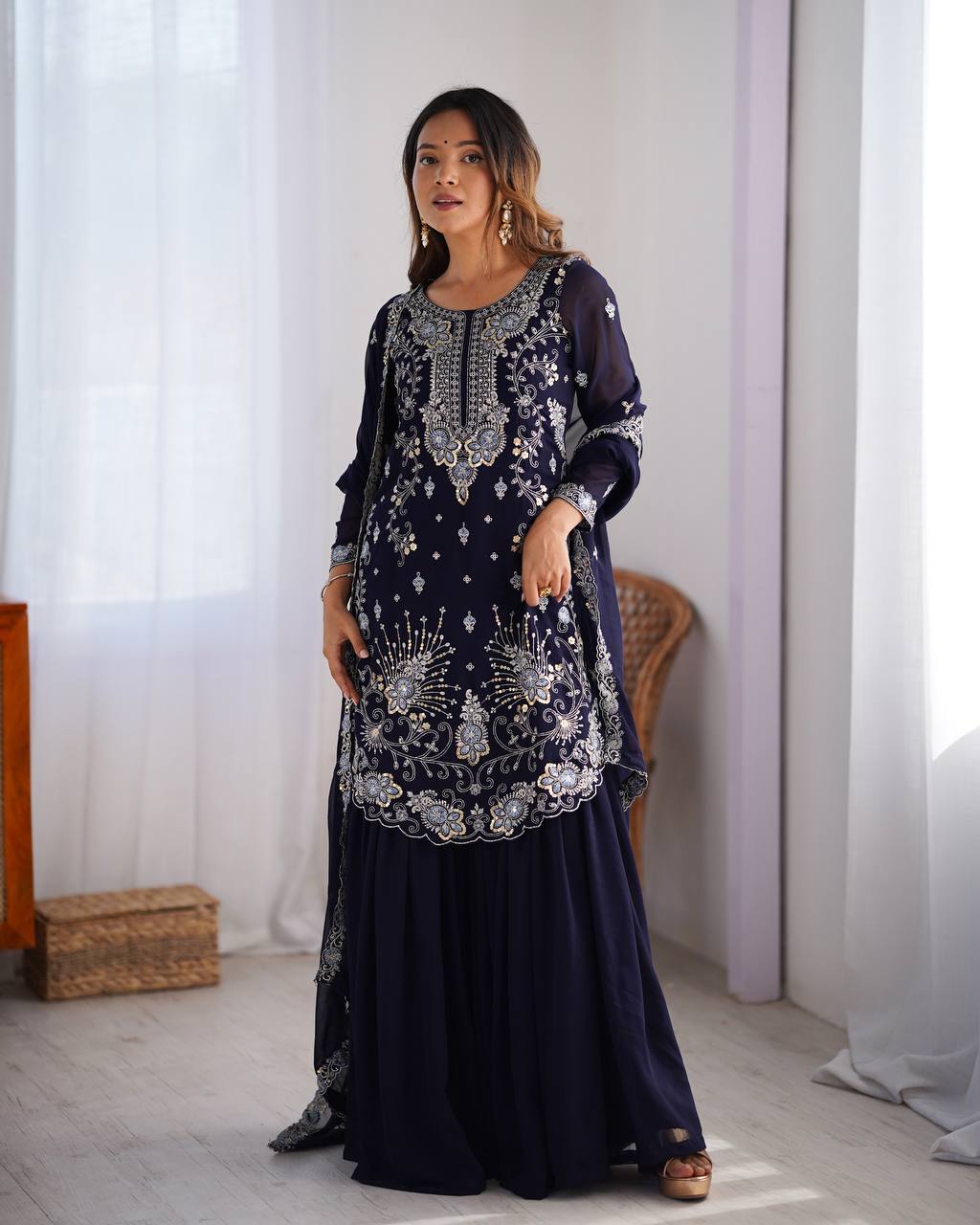 Gorgeous Faux Georgette Thread Sequins Worked Sharara Set