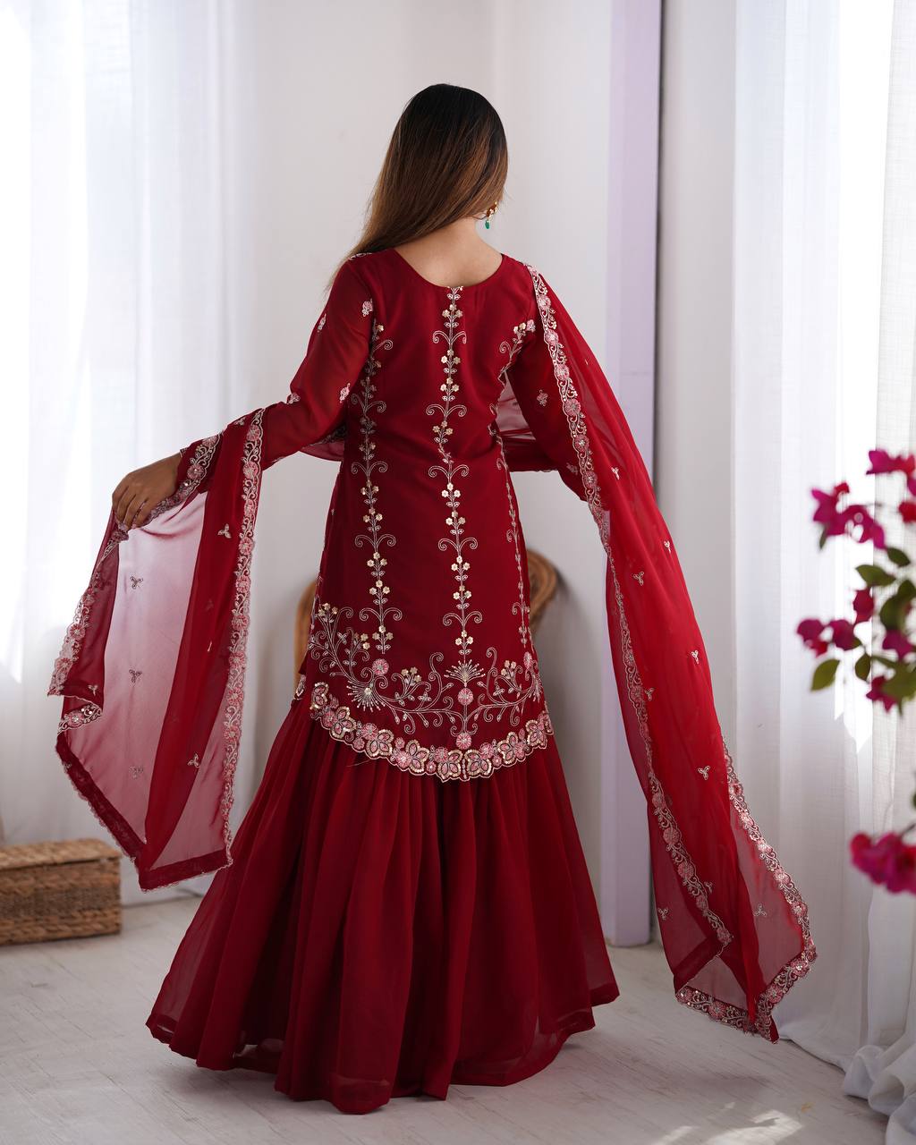 Gorgeous Faux Georgette Thread Sequins Worked Sharara Set