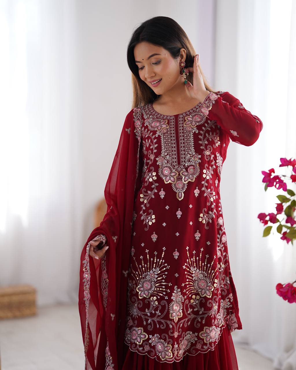 Gorgeous Faux Georgette Thread Sequins Worked Sharara Set