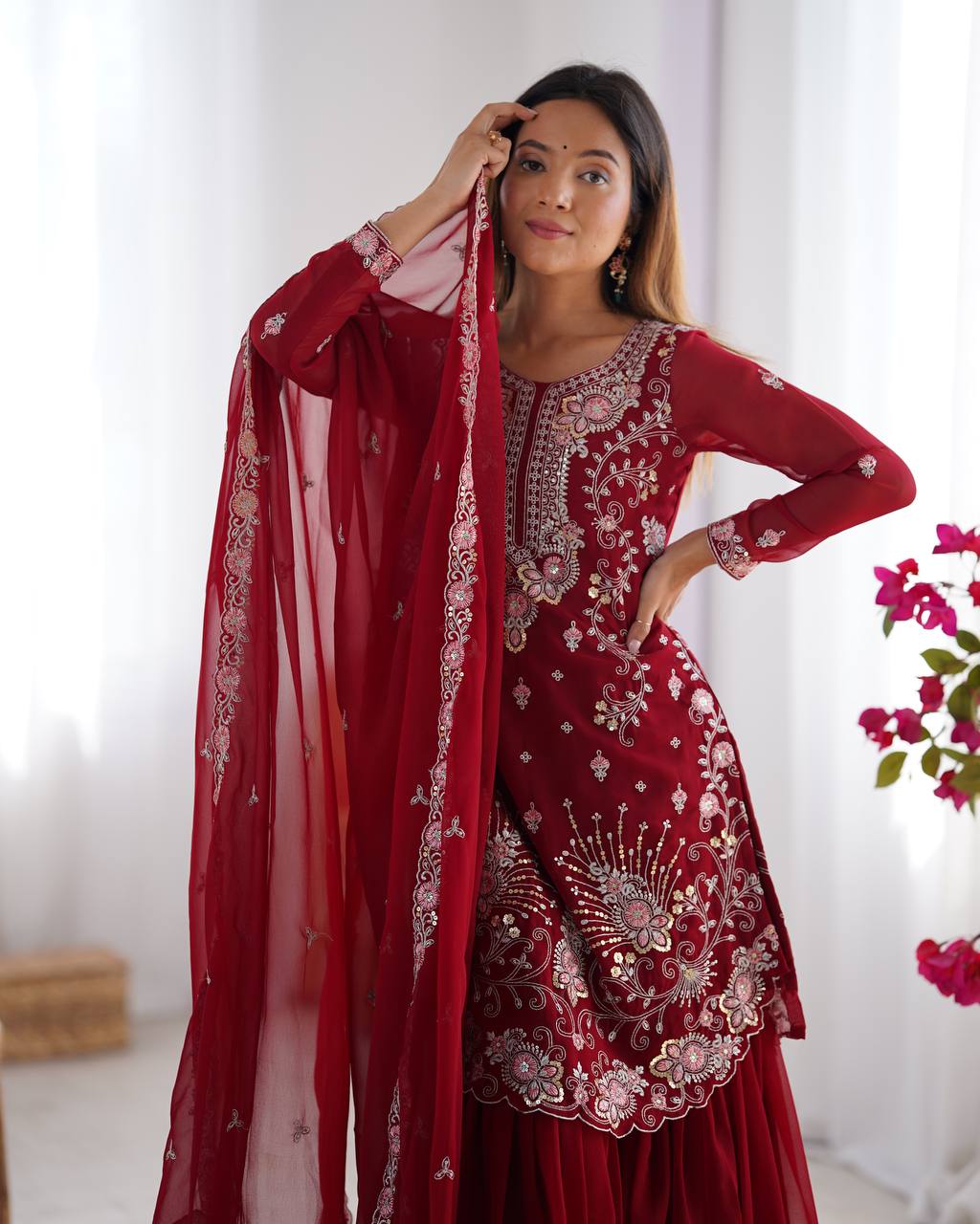 Gorgeous Faux Georgette Thread Sequins Worked Sharara Set