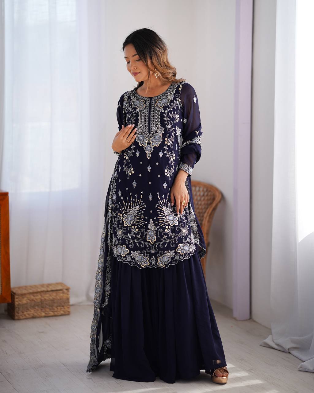 Gorgeous Faux Georgette Thread Sequins Worked Sharara Set