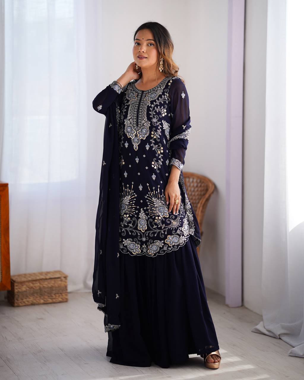 Gorgeous Faux Georgette Thread Sequins Worked Sharara Set