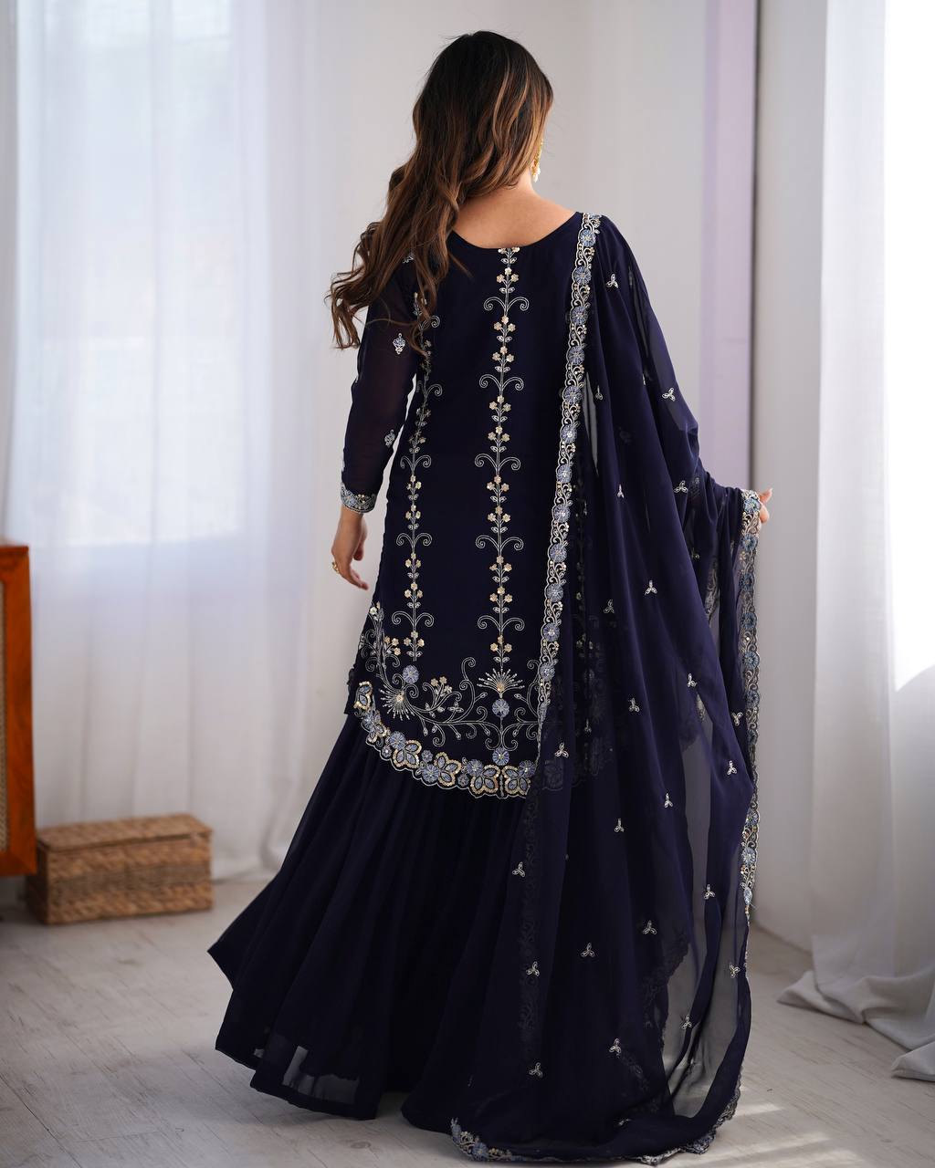 Gorgeous Faux Georgette Thread Sequins Worked Sharara Set