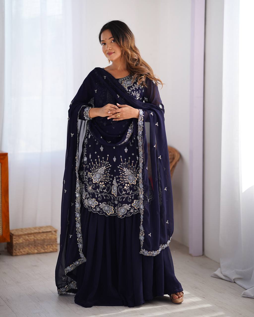 Gorgeous Faux Georgette Thread Sequins Worked Sharara Set