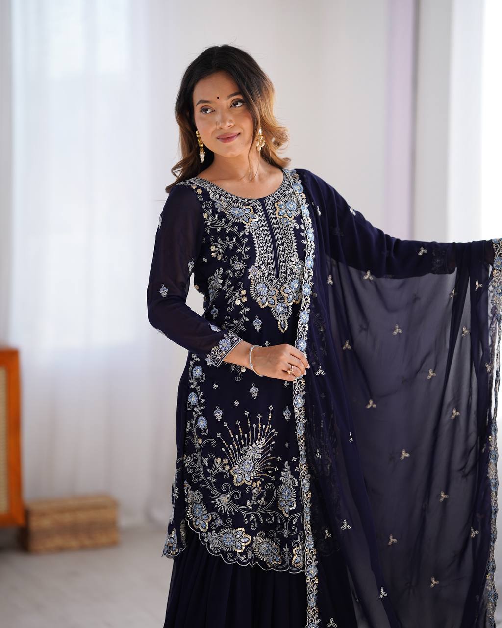 Gorgeous Faux Georgette Thread Sequins Worked Sharara Set