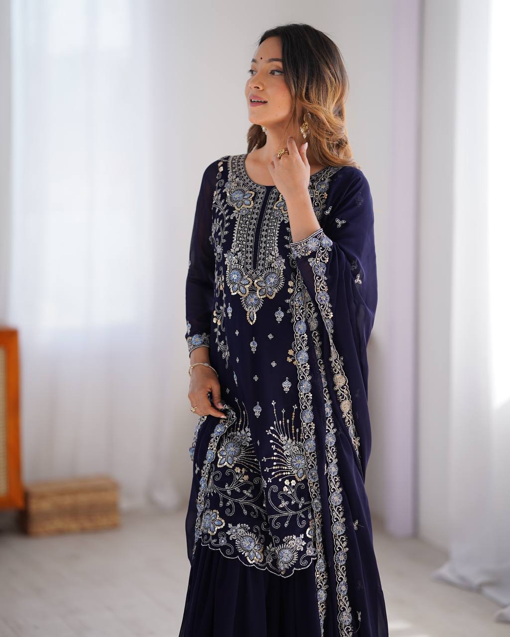 Gorgeous Faux Georgette Thread Sequins Worked Sharara Set