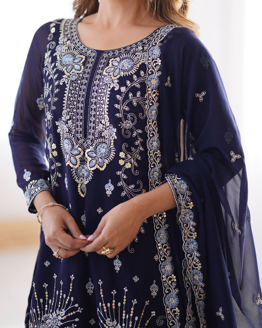Gorgeous Faux Georgette Thread Sequins Worked Sharara Set