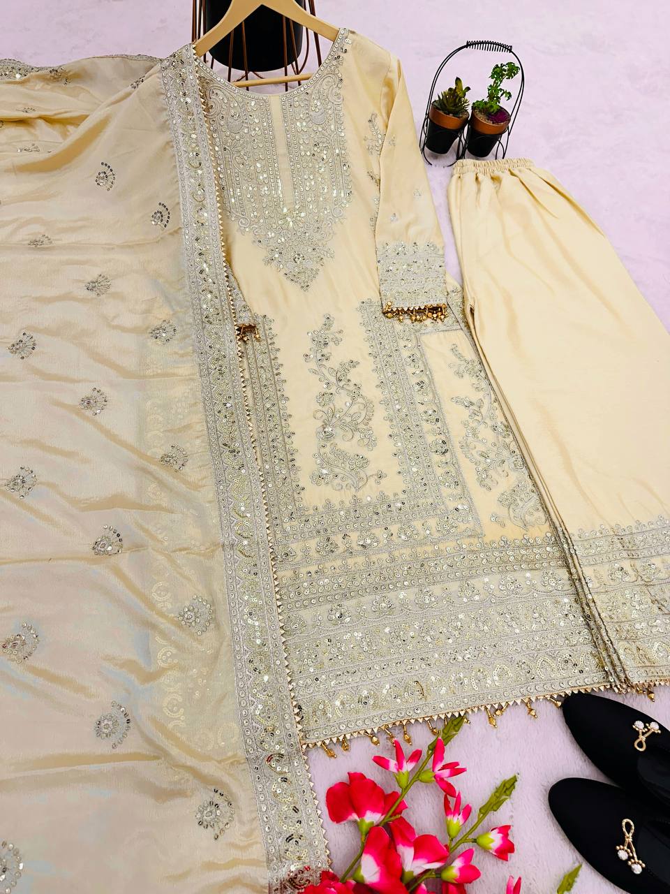 Mesmerizing Pure Chinon Silk Cording Dori Sequins Worked Top Palazzo Suit