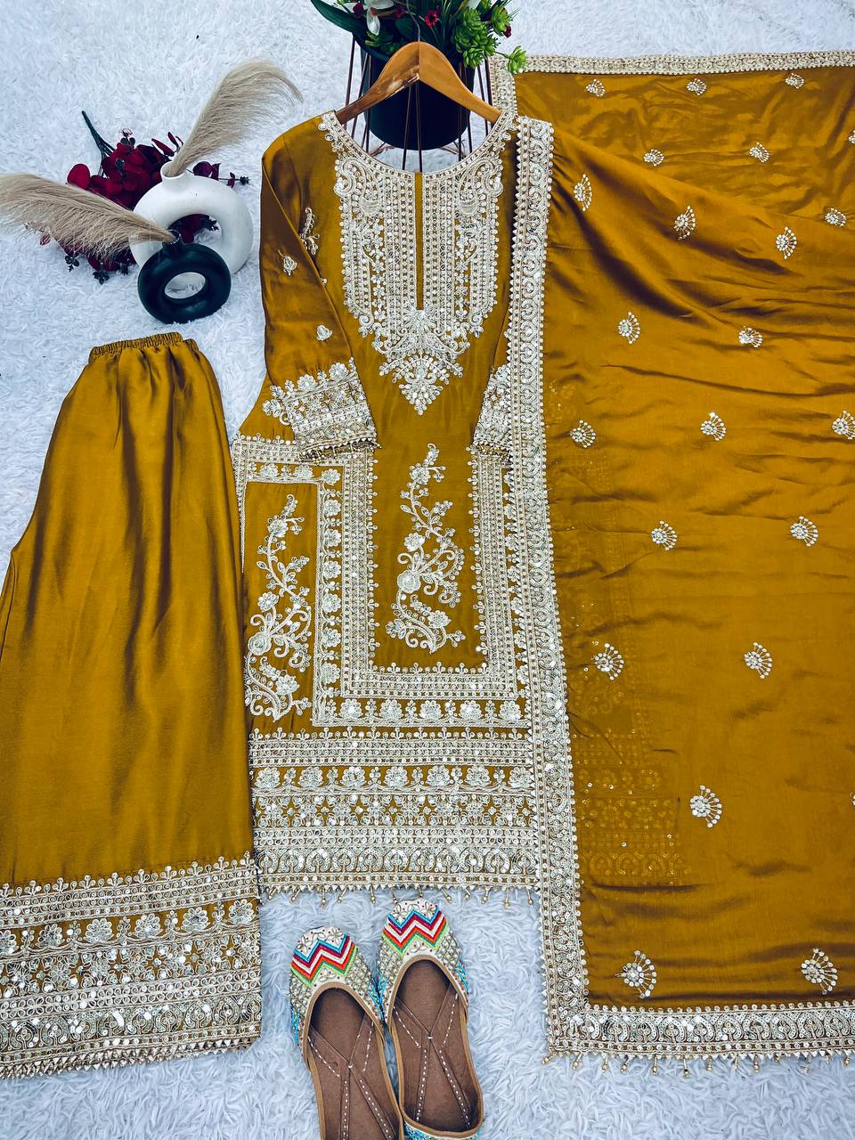 Mesmerizing Pure Chinon Silk Cording Dori Sequins Worked Top Palazzo Suit