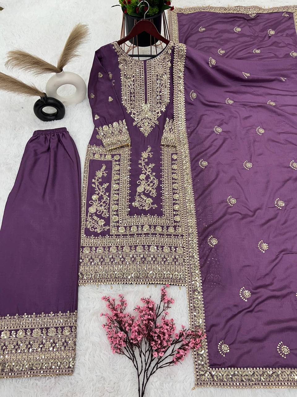 Mesmerizing Pure Chinon Silk Cording Dori Sequins Worked Top Palazzo Suit