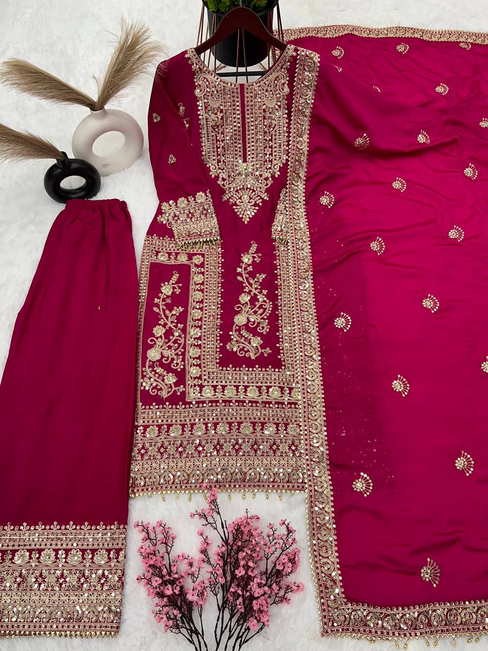 Mesmerizing Pure Chinon Silk Cording Dori Sequins Worked Top Palazzo Suit