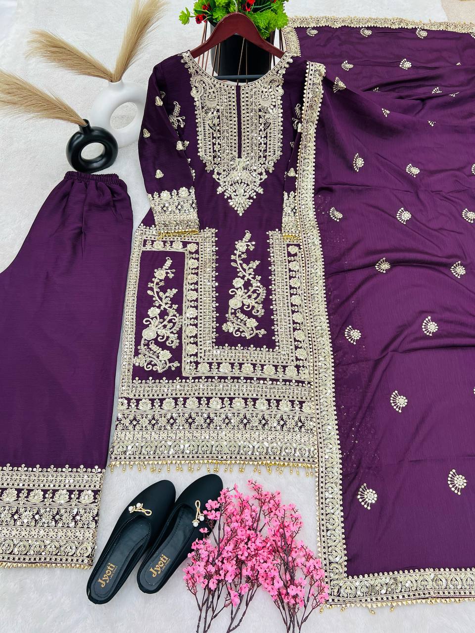 Mesmerizing Pure Chinon Silk Cording Dori Sequins Worked Top Palazzo Suit