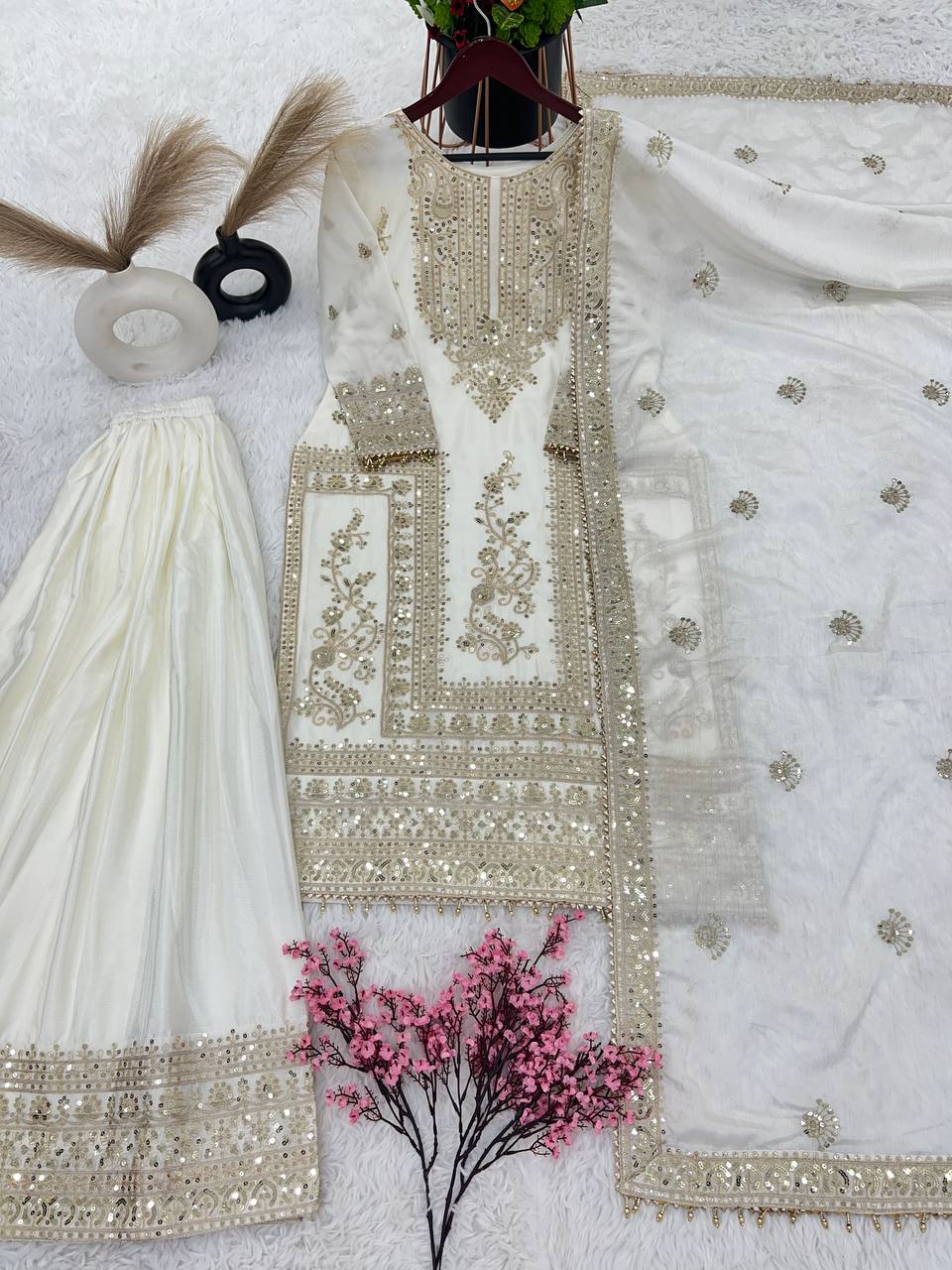 Mesmerizing Pure Chinon Silk Cording Dori Sequins Worked Top Palazzo Suit