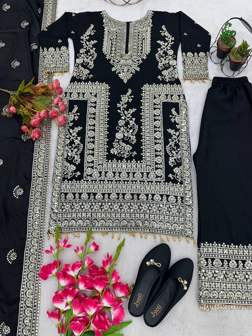 Mesmerizing Pure Chinon Silk Cording Dori Sequins Worked Top Palazzo Suit