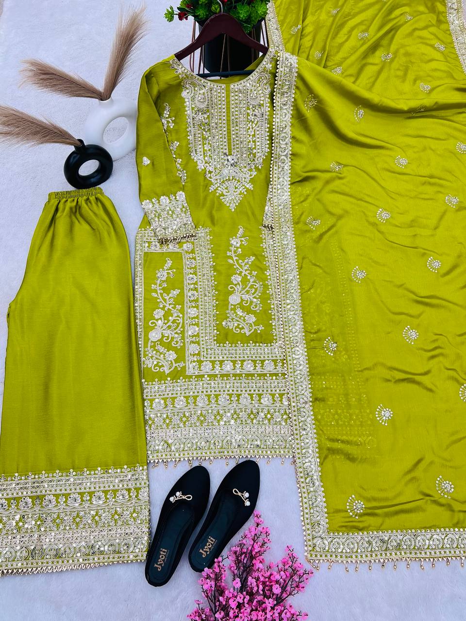Mesmerizing Pure Chinon Silk Cording Dori Sequins Worked Top Palazzo Suit