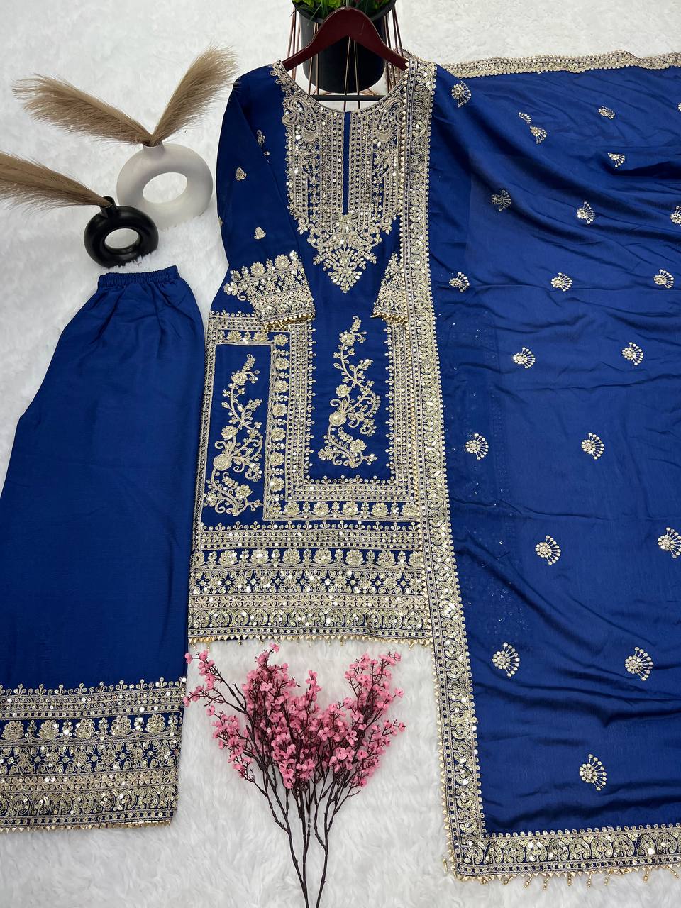 Mesmerizing Pure Chinon Silk Cording Dori Sequins Worked Top Palazzo Suit